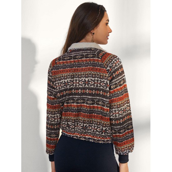 Tribal Ethnic Aztec Printed Faux Shearling Collar Quarter Zip Sweatshirt Tribal Ethnic Aztec Printed Faux Shearling Collar Quarter Zip Sweatshirt