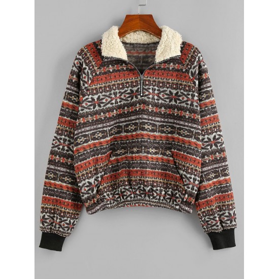 Tribal Ethnic Aztec Printed Faux Shearling Collar Quarter Zip Sweatshirt Tribal Ethnic Aztec Printed Faux Shearling Collar Quarter Zip Sweatshirt