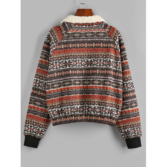 Tribal Ethnic Aztec Printed Faux Shearling Collar Quarter Zip Sweatshirt Tribal Ethnic Aztec Printed Faux Shearling Collar Quarter Zip Sweatshirt