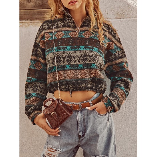 Ethnic Elephant Geo Print Drop Shoulder Quarter Zip Sweatshirt Ethnic Elephant Geo Print Drop Shoulder Quarter Zip Sweatshirt