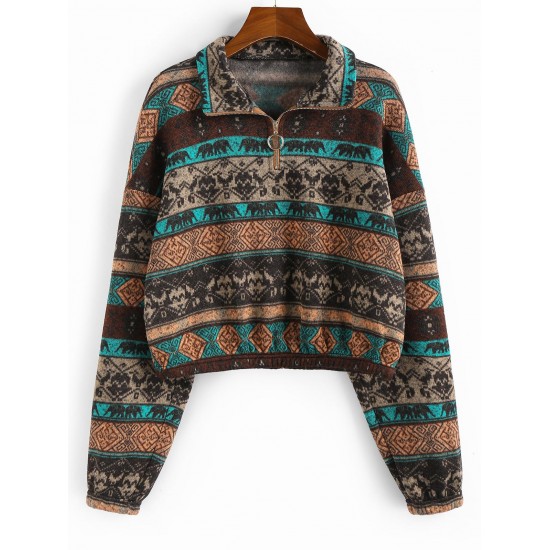 Ethnic Elephant Geo Print Drop Shoulder Quarter Zip Sweatshirt Ethnic Elephant Geo Print Drop Shoulder Quarter Zip Sweatshirt