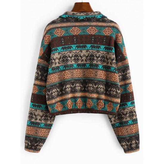 Ethnic Elephant Geo Print Drop Shoulder Quarter Zip Sweatshirt Ethnic Elephant Geo Print Drop Shoulder Quarter Zip Sweatshirt