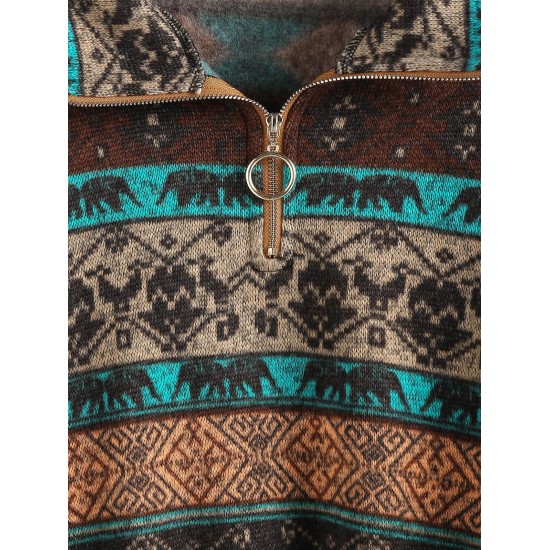 Ethnic Elephant Geo Print Drop Shoulder Quarter Zip Sweatshirt Ethnic Elephant Geo Print Drop Shoulder Quarter Zip Sweatshirt