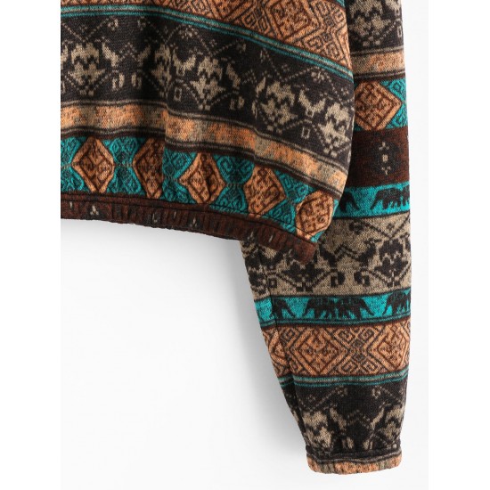 Ethnic Elephant Geo Print Drop Shoulder Quarter Zip Sweatshirt Ethnic Elephant Geo Print Drop Shoulder Quarter Zip Sweatshirt