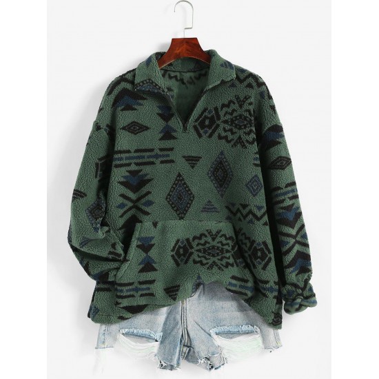 Front Pocket Fluffy Quarter Zip Ethnic Aztec Printed Sweatshirt Front Pocket Fluffy Quarter Zip Ethnic Aztec Printed Sweatshirt