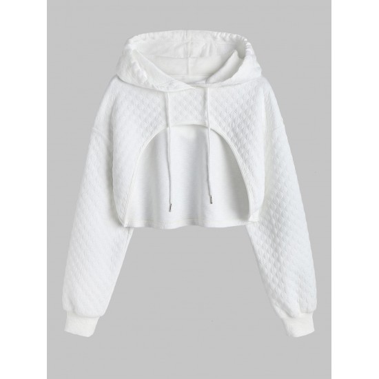 Women's Casual Athleisure Style Solid Color Jacquard Textured Drawstring Drop Shoulder Shrug Style Crop Hoodie Women's Casual Athleisure Style Solid Color Jacquard Textured Drawstring Drop Shoulder Shrug Style Crop Hoodie