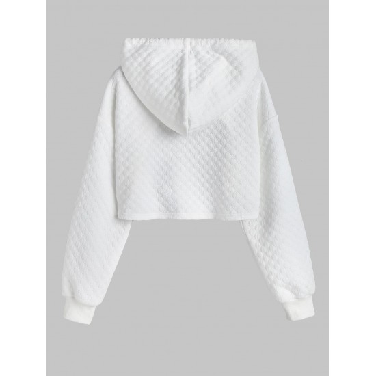 Women's Casual Athleisure Style Solid Color Jacquard Textured Drawstring Drop Shoulder Shrug Style Crop Hoodie Women's Casual Athleisure Style Solid Color Jacquard Textured Drawstring Drop Shoulder Shrug Style Crop Hoodie